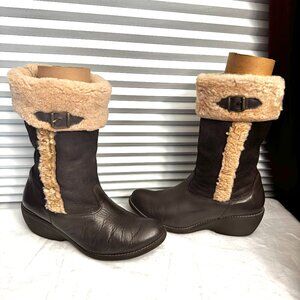 Hush Puppies Sz 9.5 / 41 Womens Mid Calf Brown Suede Boots Wedge Sherpa Lined